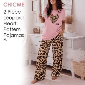 Chic Pink and Brown Leopard Heart Pajama Set
